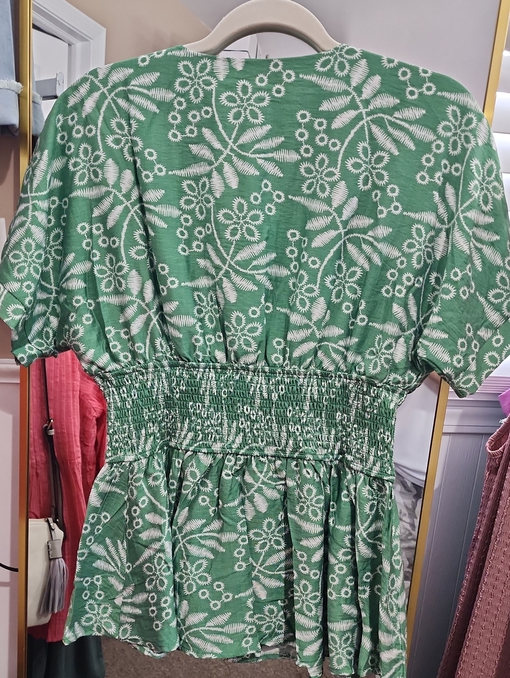 Green Floral Zip-Front Smocked Top - Picture 3 of 3